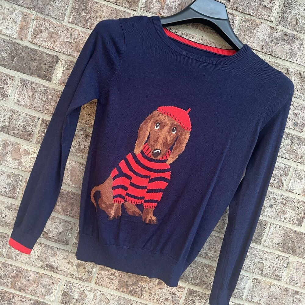Joules Miranda Navy Blue Dachshund Dog Intarsia Crew Neck Jumper Sweater US 6